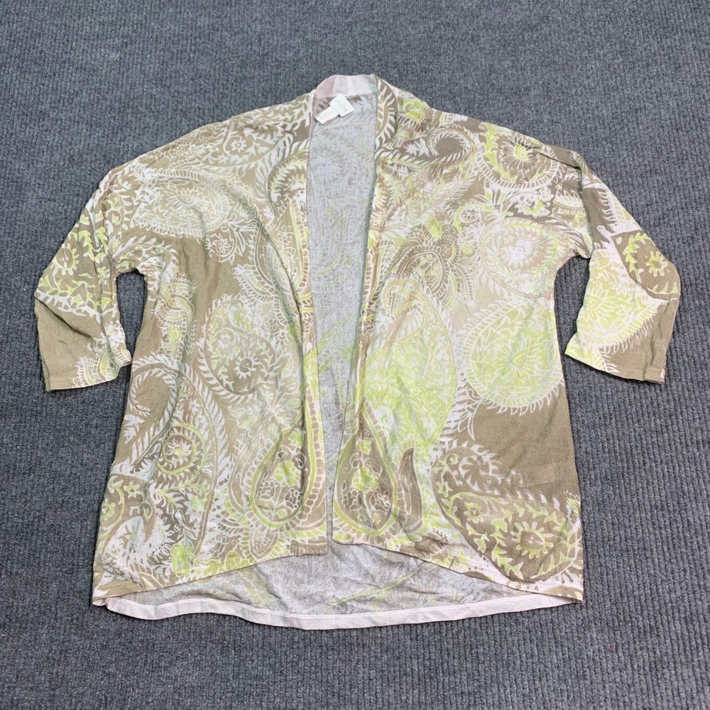 Chicos Cardigan Sweater Womens 3 Green Open‎ Front 3/4 Sleeve Rayon Nylon Thin